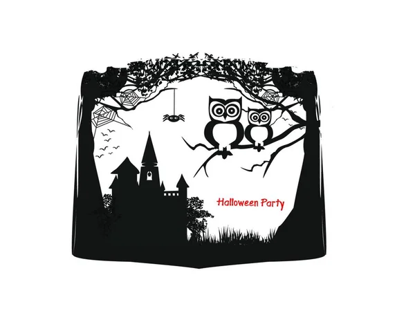 Halloween Poster Witch Bats Bat Broom Ghost Haunted Cemetery Spooky — Stock Vector