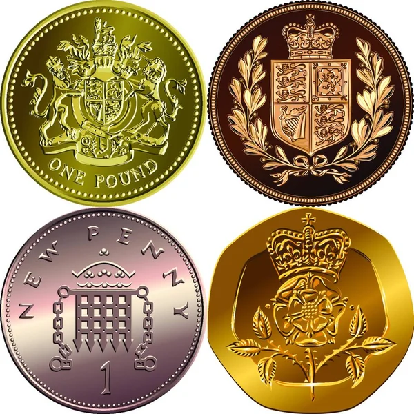 Brit Pénzérmék Arany Egy Font Sterling Címeres Uralkodó Bronz Egy — Stock Vector