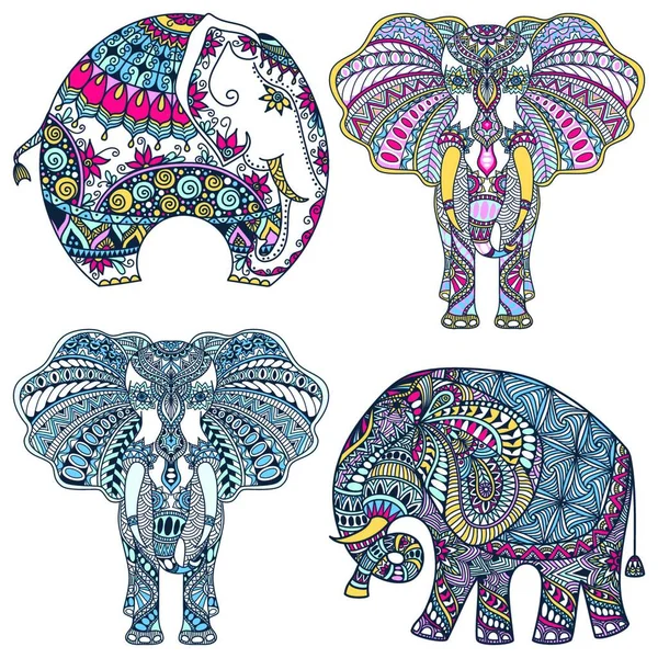 装飾されたインド象と手描きの色の入れ墨のドアノブのベクトルセット — ストックベクタ