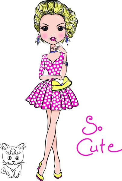 Cute Beautiful Pop Art Girl Dress Cat — Stock Vector