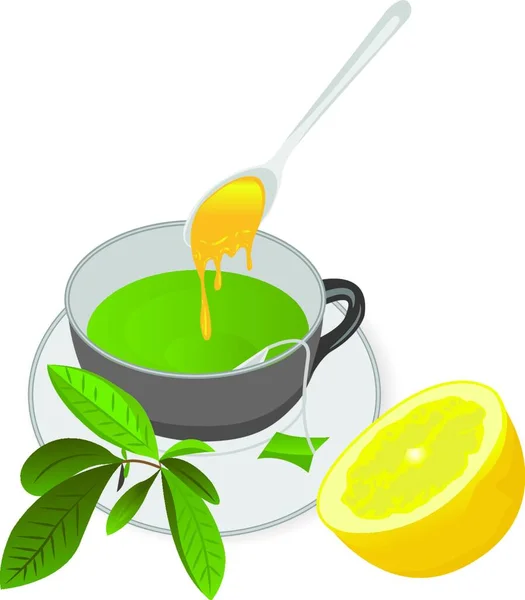 Cup Tea Lemon Honey Tea Brunch Leaves Vector Illustration White — Stock Vector