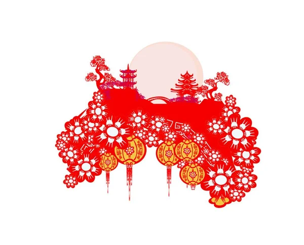 Kinesiska Nyår Träd Och Röd Tupp — Stock vektor
