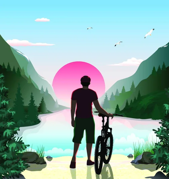 Homem Com Uma Bicicleta Paisagem Montesa Lago Nas Montanhas Floresta — Vetor de Stock