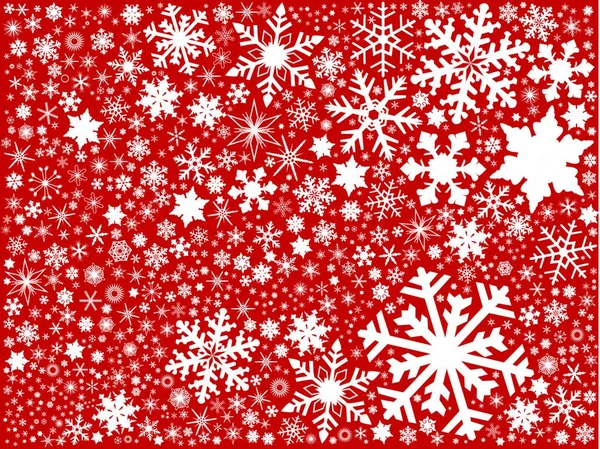 Una Fuente Copos Nieve Navideños Sobre Fondo Rojo — Vector de stock