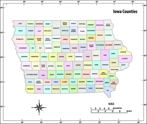 Estado Iowa Delinear Mapa Vetorial Administrativo Político Cor —  Vetores de Stock