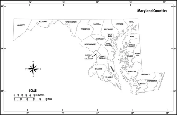 Maryland Staat Overzicht Administratieve Politieke Vector Kaart Zwart Wit — Stockvector