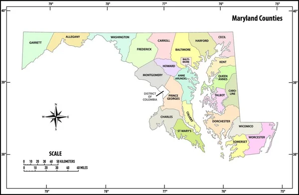 Меріленд Держава Окреслює Адміністративний Політичний Векторний Мапу Кольорі — стоковий вектор