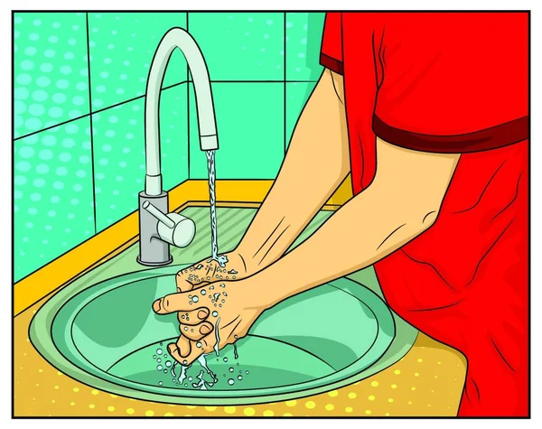 Человек Поп Арта Дезинфицирует Руки Промывая Водой Стиль Комиксов Иллюстрации — стоковый вектор