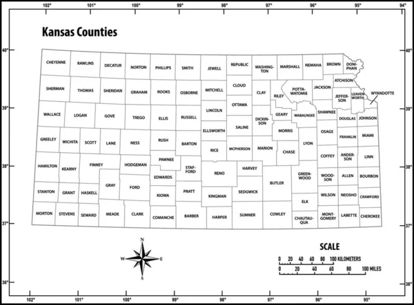 カンザス州の概要黒と白の行政と政治のベクトルマップ — ストックベクタ