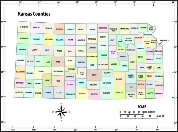カンザス州の概要色の行政と政治のベクトルマップ — ストックベクタ