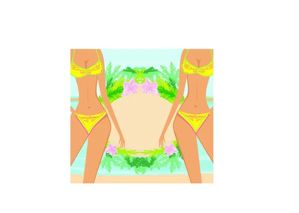 Горячие Девушки Пляже Тропическая Рамка — стоковый вектор