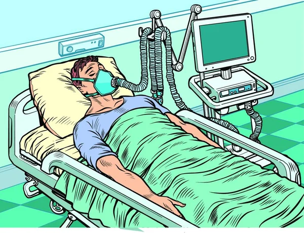 人工呼吸器だ 集中治療室の重い患者 肺炎のコロナウイルスの流行です ポップアートレトロベクトルイラストキッチュヴィンテージ50 60年代スタイル — ストックベクタ