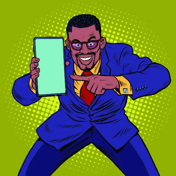 Uomo Affari Africano Mostra Smartphone Tecnologie Mobili Nuovi Gadget Pop — Vettoriale Stock