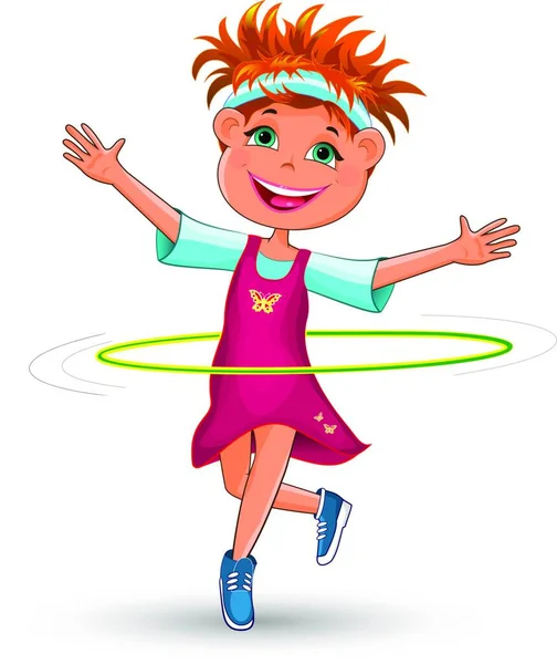 带着体操圈的快乐的孩子 微笑的女孩正在用铁环做运动 — 图库矢量图片