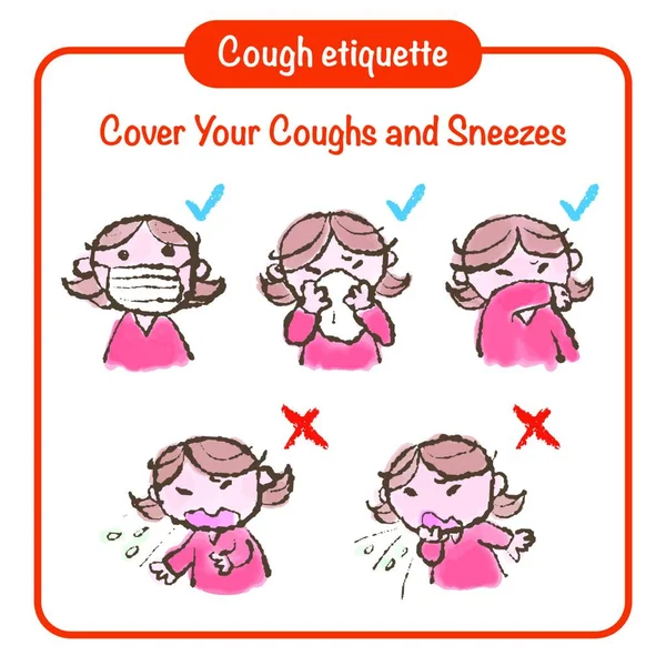 Etichetta Della Tosse Illustrazione Disegnata Mano Prevenzione Delle Malattie Contagiose — Vettoriale Stock