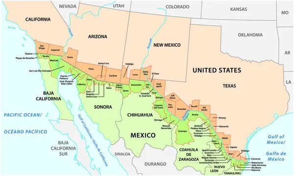 Mapa Vetorial Dos Distritos Fronteiriços Nos Estados Unidos México Longo —  Vetores de Stock