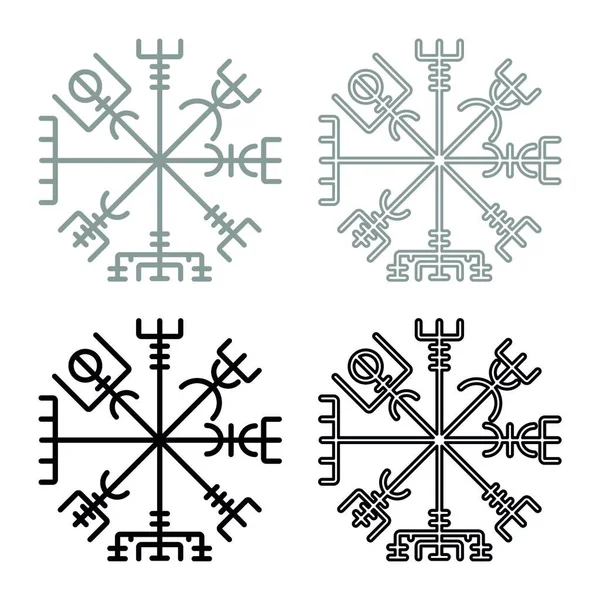 Vegvisir Runic Kompas Galdrastav Navigatie Kompas Symbool Set Grijs Zwart — Stockvector