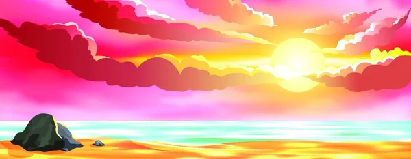 Seascape Sandstrand Solen Solnedgång Rosa Himmel Och Moln Stenar Stranden — Stock vektor