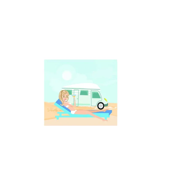 Femeie Relaxează Fața Camper Van — Vector de stoc