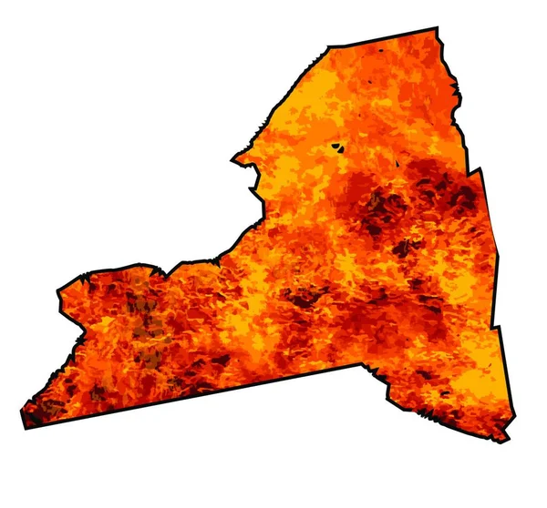Sziluett Térkép New York Állam Felett Fehér Háttér Lángok Beágyazódott — Stock Vector