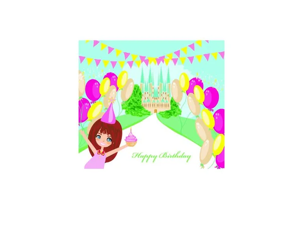 Kartka Urodzinowa Słodka Dziewczyna Bajkowy Zamek — Wektor stockowy