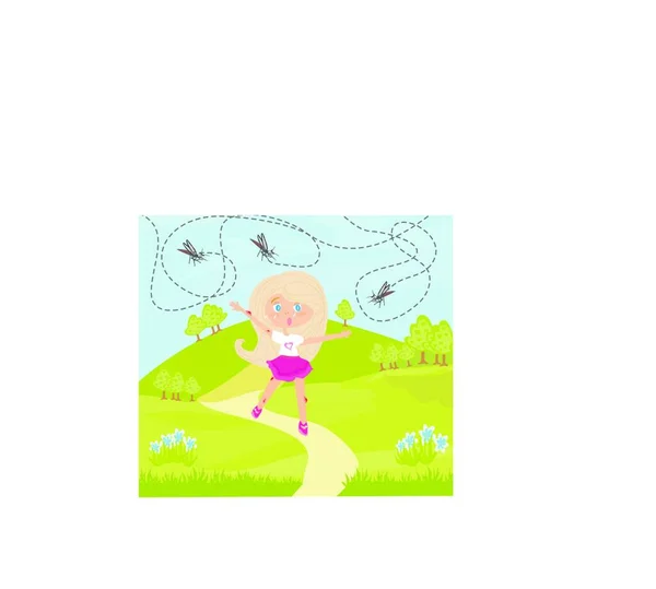 Ilustración Una Niña Vestido Rosa Con Una Mariposa Cabeza — Vector de stock