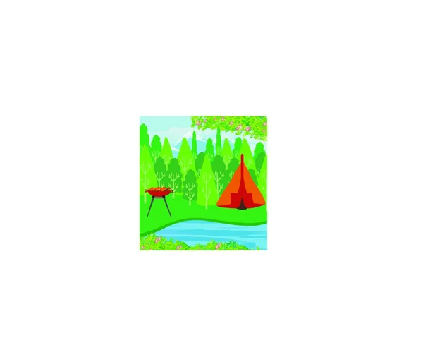 Camping Forêt Nature Paysage Montagnes Champ Montagne Rivière Collines Arbres — Image vectorielle
