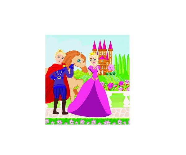 公主和王子在一个美丽的花园里 — 图库矢量图片