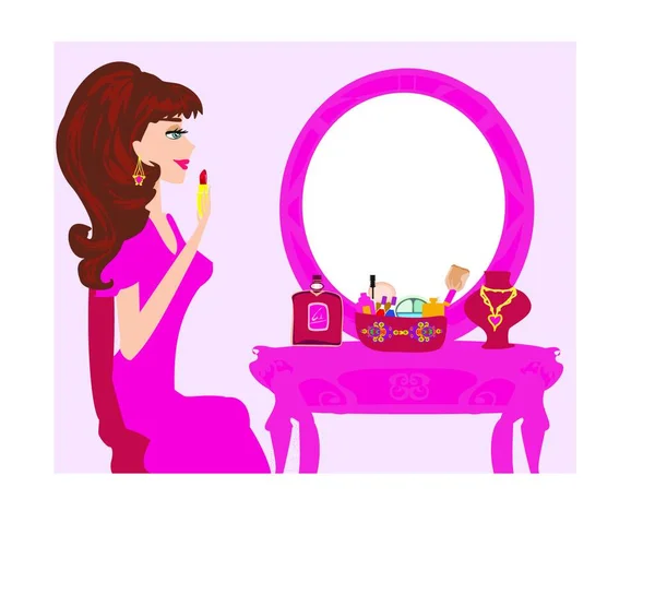 漂亮的姑娘 穿着粉红的衣服 喝了杯酒 — 图库矢量图片