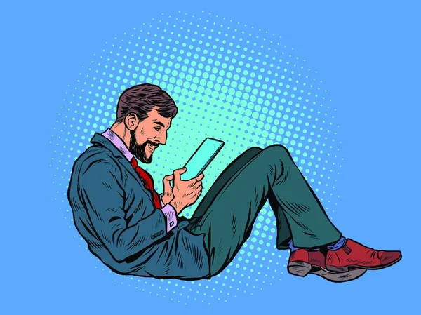 Man Reads Electronic Tablet Pop Art Retro Vector Illustration Kitsch — Stock Vector