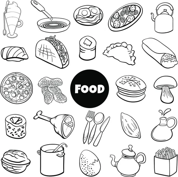 Black White Cartoon Εικονογράφηση Των Τροφίμων Αντικείμενα Μεγάλο Σετ — Διανυσματικό Αρχείο