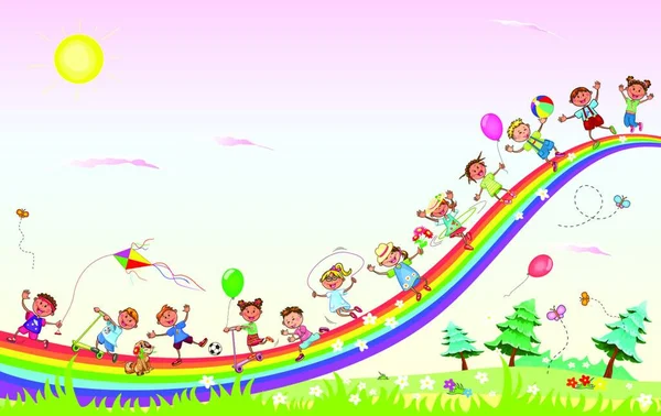 Kleine Kinder Spielen Der Natur Kinder Gehen Den Regenbogen Hinunter — Stockvektor