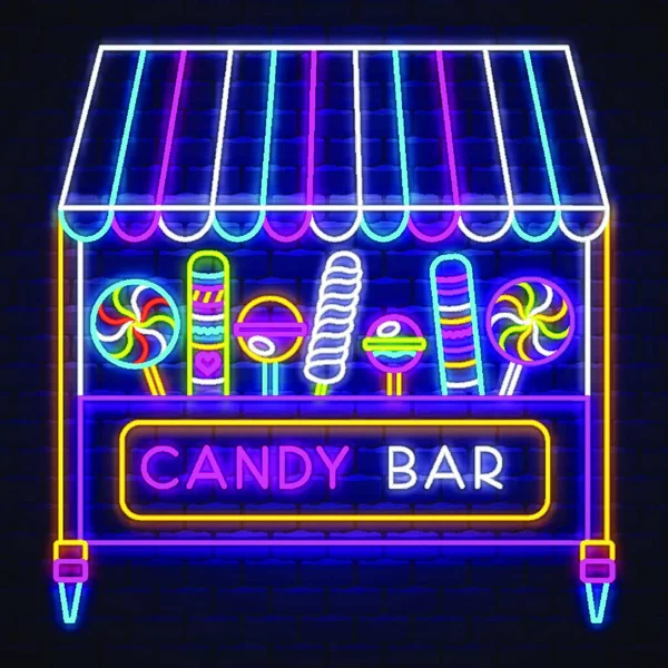 Godis Bar Neon Sign Vector Candy Bar Neon Tecken Tegel — Stock vektor