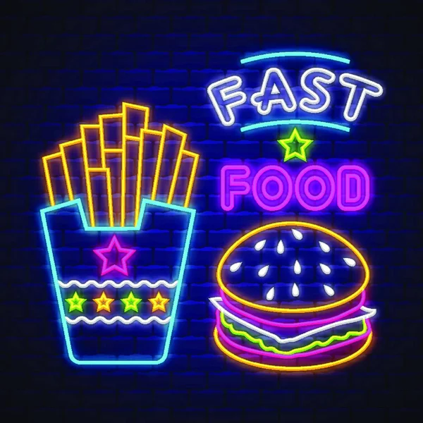 Snabbmat Neon Sign Vector Fast Food Neon Tecken Tegel Vägg — Stock vektor