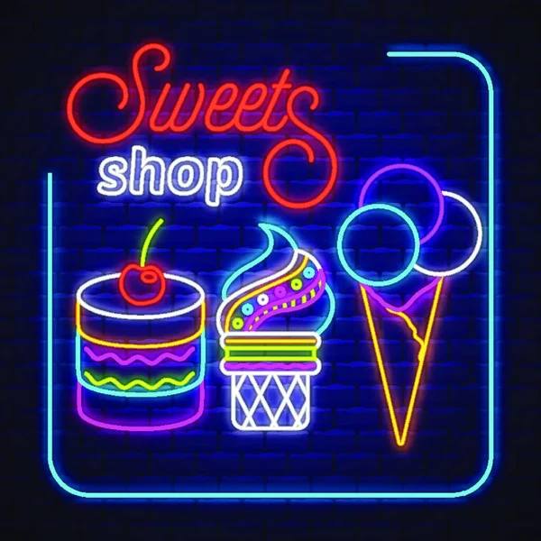 Şeker Dükkanı Neon Şaret Vektörü Şekerci Dükkanı Duvarda Neon Tabela — Stok Vektör