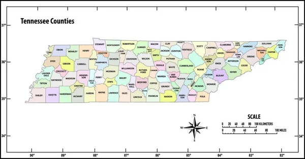 Estado Tennessee Esbozar Mapa Vectorial Administrativo Político Color — Vector de stock