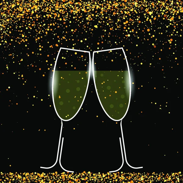 Два Блестящих Стакана Фоне Жёлтого Падения Конфетти Празднование Шампанского Новым — стоковый вектор
