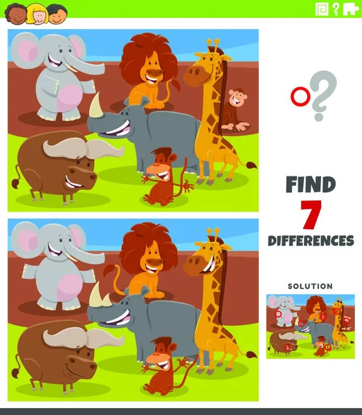 具有滑稽动物性格的儿童图片教育游戏之间差异的卡通图解 — 图库矢量图片