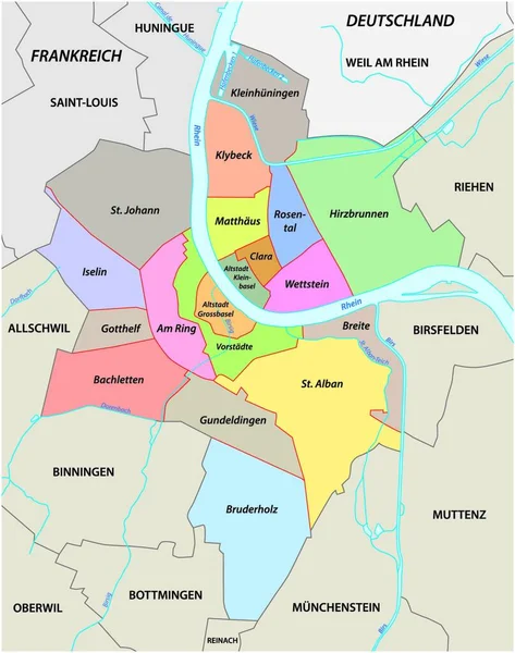 Mapa Wektora Administracyjnego Kwartałów Bazylei Języku Niemieckim Szwajcaria — Wektor stockowy