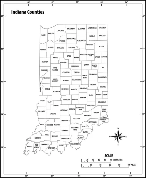 Indiana Stát Nastínit Administrativní Politickou Vektorovou Mapu Černobílé — Stockový vektor