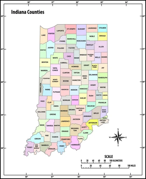 Indiana State Skizziert Administrative Und Politische Vektorkarte Farbe — Stockvektor