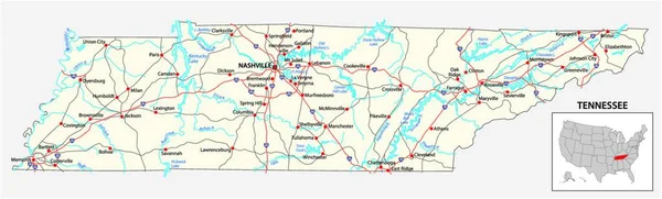 Straßenkarte Des Amerikanischen Bundesstaates Tennessee — Stockvektor