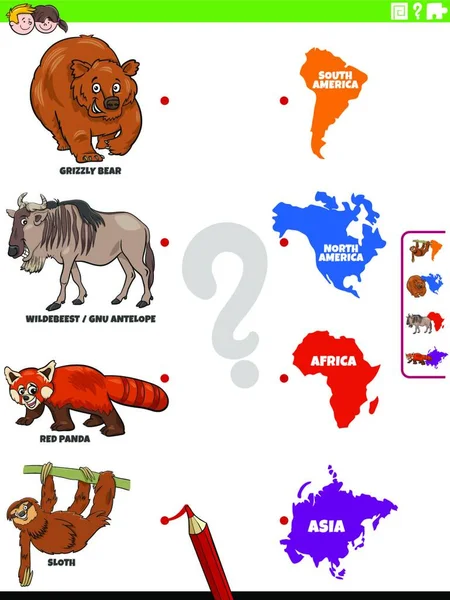 Cartoon Illustration Educational Matching Task Children Animal Species Characters Continent — стоковий вектор