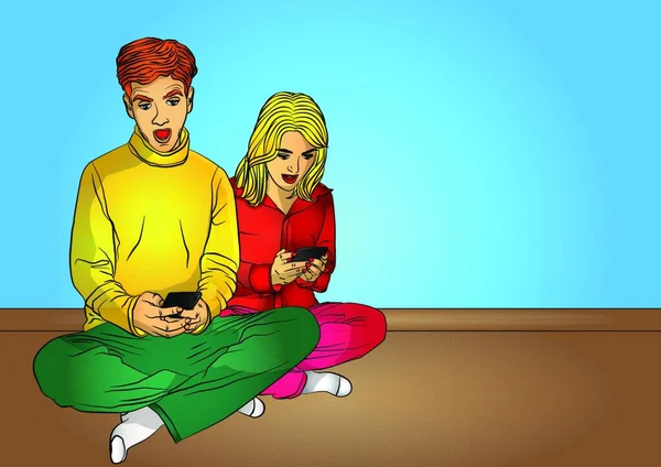 男人和女人双腿交叉坐在地板上 看着他们的手机和尖叫 漫画书风格 积极向上的人 卡通人物插图 — 图库矢量图片