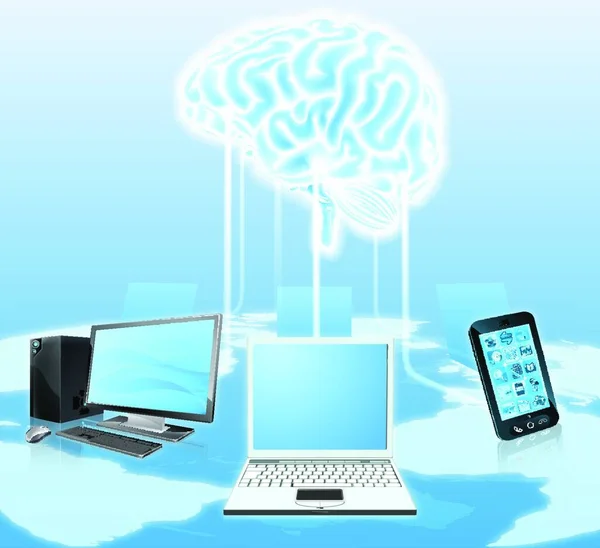 概念图的媒体设备 如手机和笔记本电脑连接到一个中央的大脑 可能是一个云计算 僵尸网络或窥探的人群来获取信息的概念 — 图库矢量图片