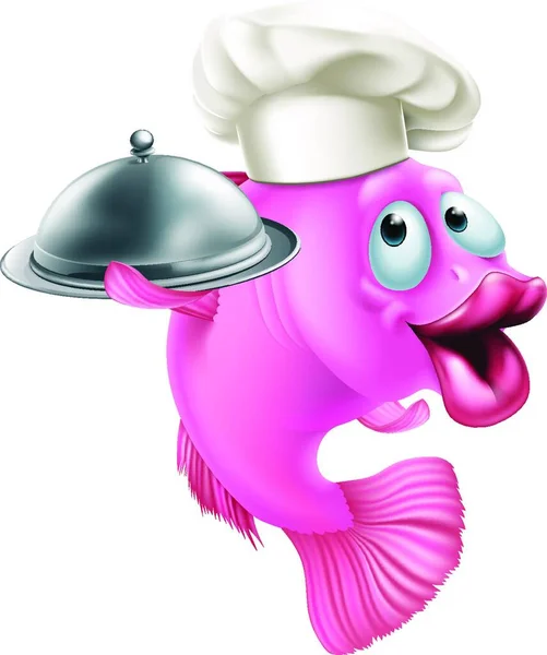 Une Mascotte Poisson Chef Dessin Animé Tenant Plateau Plateau Cloche — Image vectorielle