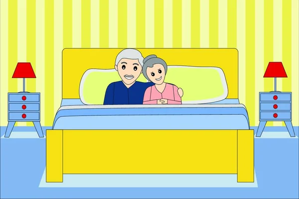Ένα Ευτυχισμένο Ζευγάρι Ηλικιωμένων Στο Κρεβάτι — Διανυσματικό Αρχείο