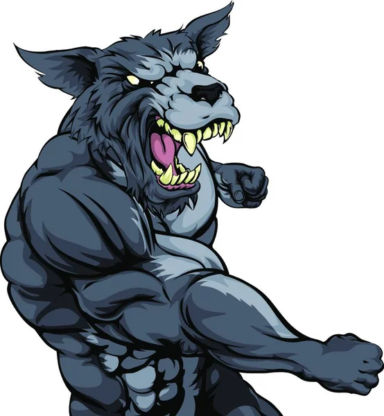 强壮有力的狼人运动吉祥物用冲锋攻击 — 图库矢量图片