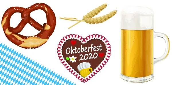 Coleção Objetos Oktoberfest Ilustrados Típicos Cerveja Bretzel Trigo Gengibre Coração —  Vetores de Stock