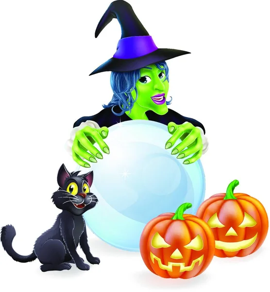 Ilustracja Halloween Czarownica Kot Dynie Kryształowej Kuli — Wektor stockowy